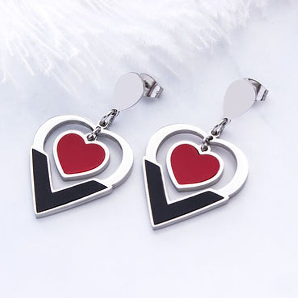Stainless Steel Black and Red Heart Dangle Earrings